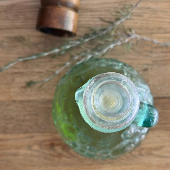 Vintage Green Glass Oil Cruet with Stopper & Handle | Embossed Grape Pattern - Picture 5 of 6